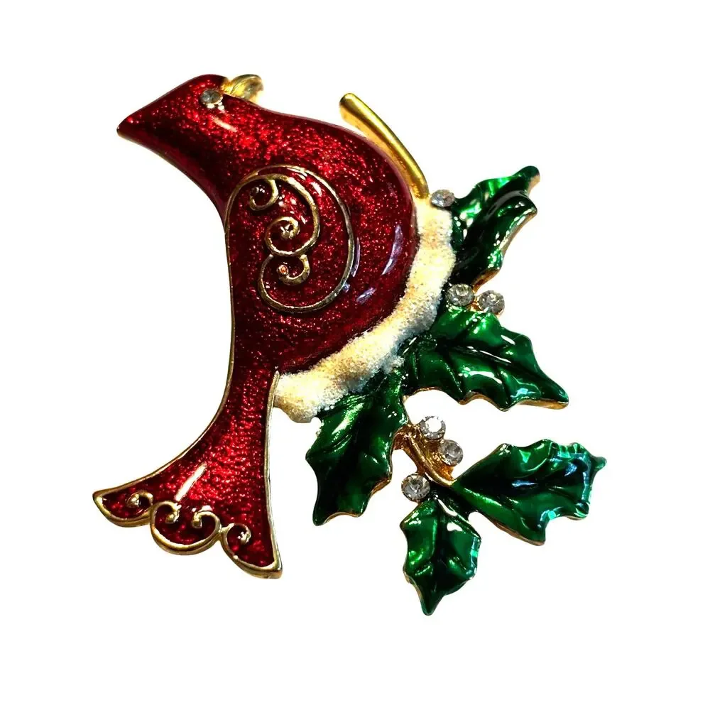 Vintage Christmas brooch festive red enamel Cardinal holiday pin KC hallmark